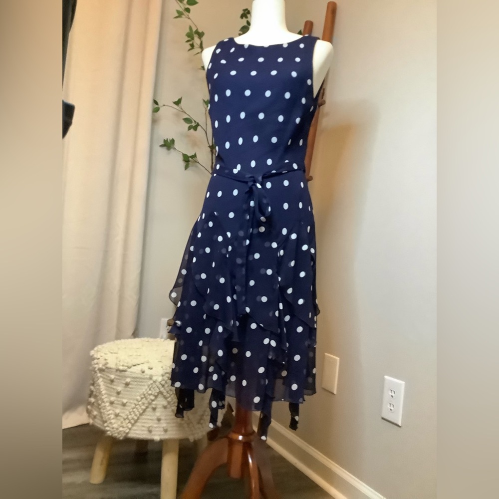 MSK Navy White Polka Dots Sheer Chiffon Fit & Flare Car wash Dress Size 6